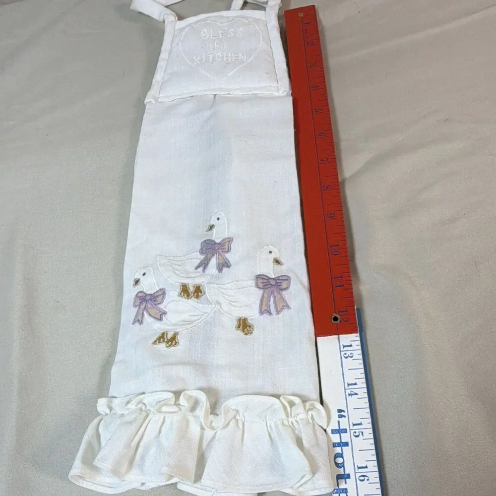 Vintage Bless This Kitchen Geese Tie-On Oven Door Towel Apron Cottagecore